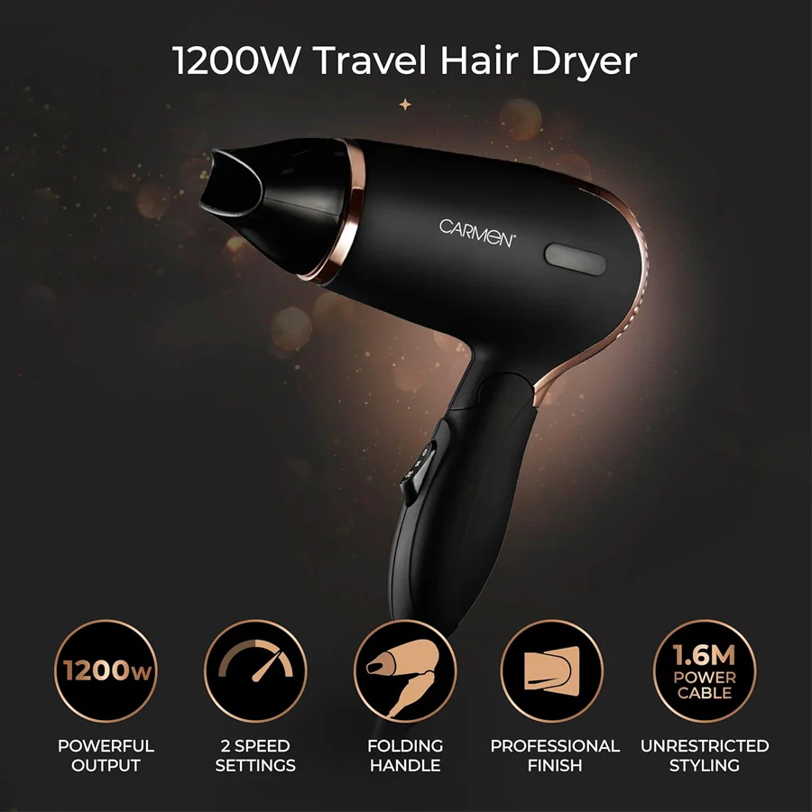 Carmen Noir Lightweight Travel Hair Dryer 1200W - Image 2