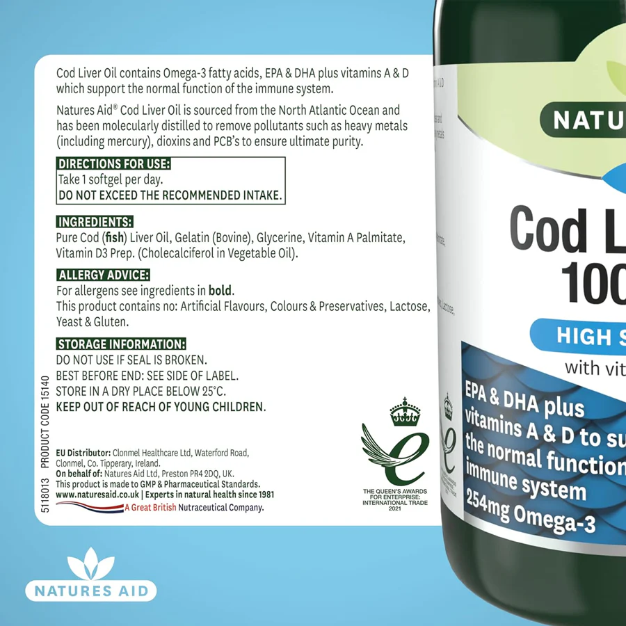 Natures Aid Cod Liver Oil 1000mg Softgels (120 Softgels | 33% Extra Free) - Image 3