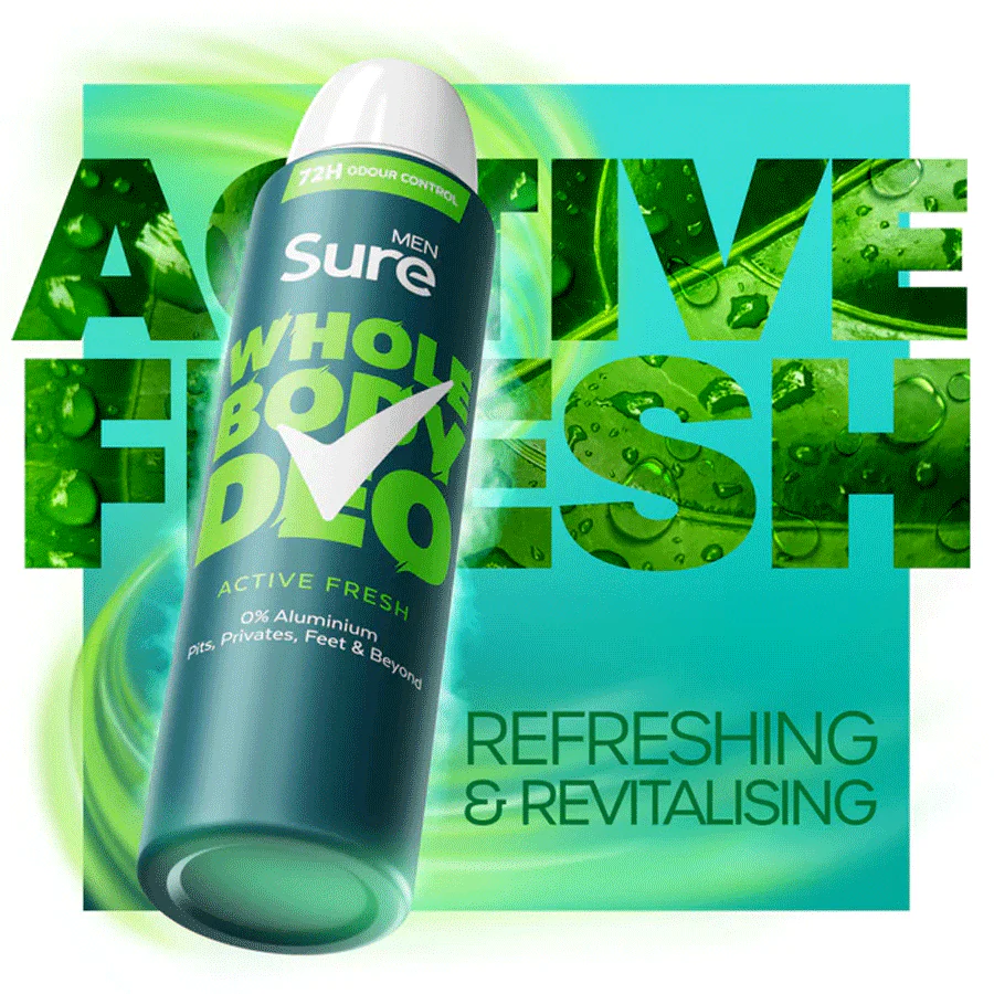 Sure Men's Whole Body Deodorant Spray Active Fresh 150ml - Image 2